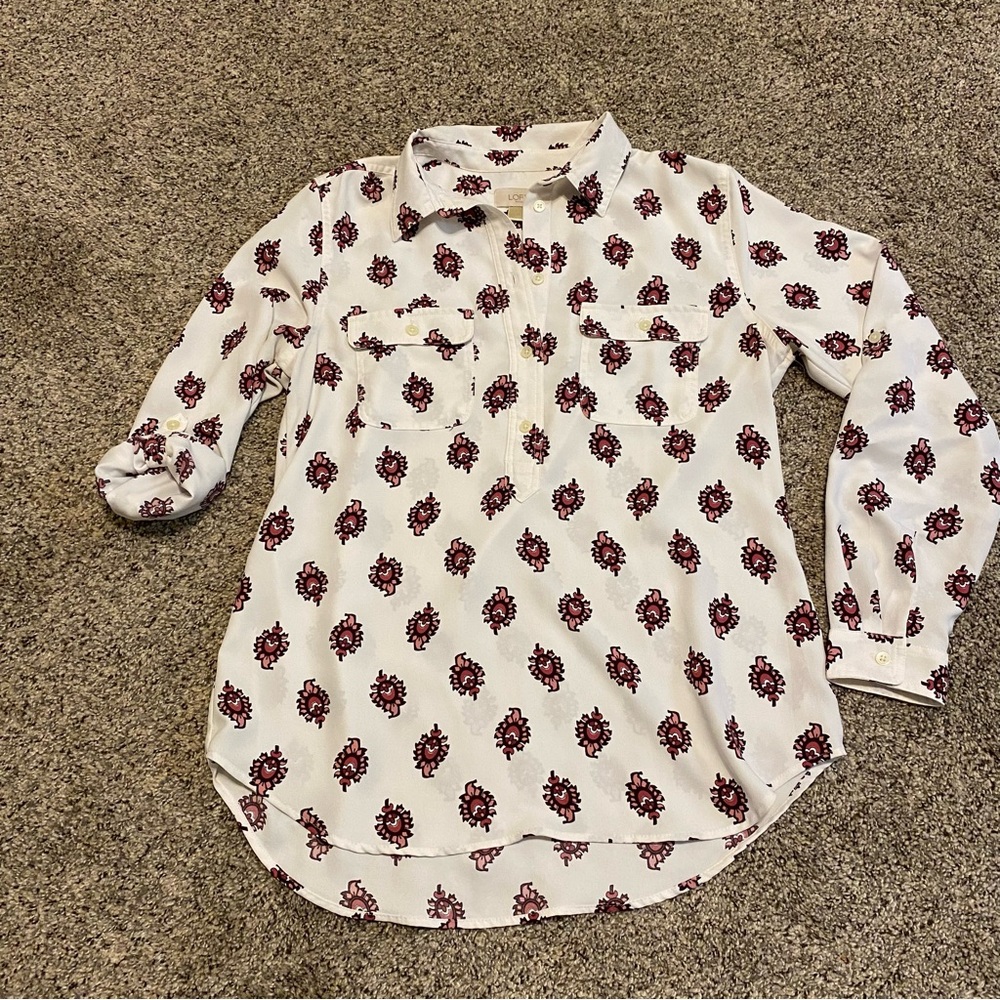 Loft Long Sleeve V Neck White Maroon Blouse Business Casual Career Sz Medium EUC